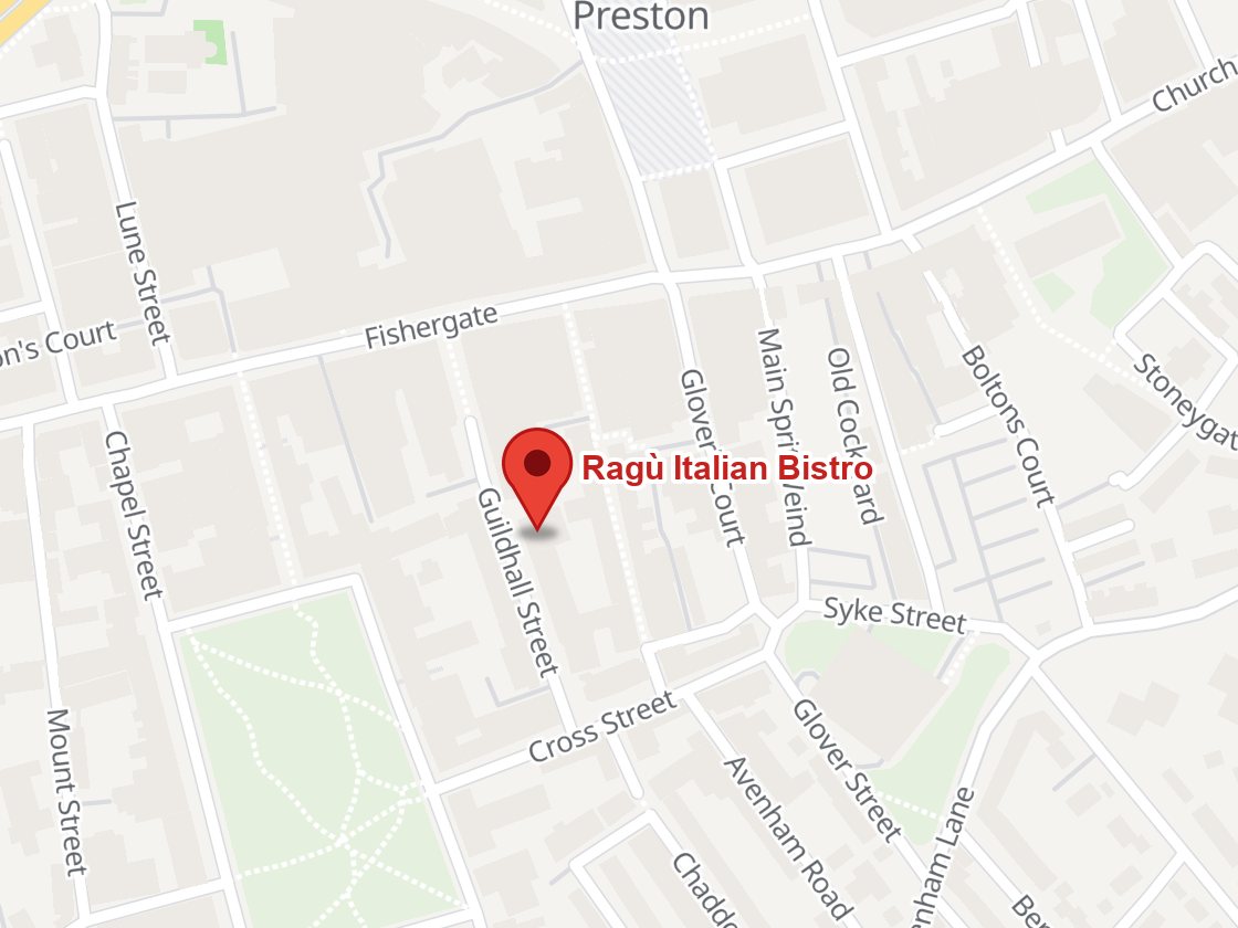 Map of Preston city centre with Ragù Italian Bistro marked on Guildhall Street, near Fishergate and Winckley Square